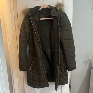 Olive Puffer Jacket with Faux Fur Trim